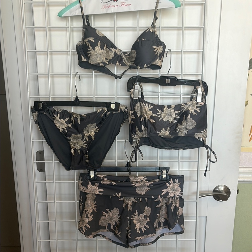 Roxy gray floral bikini and fold over board short set